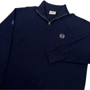 Glenbrae Sweater Mens Large Knit Wool Raglan 1/4 Zip Navy Blue Spiral Made in UK